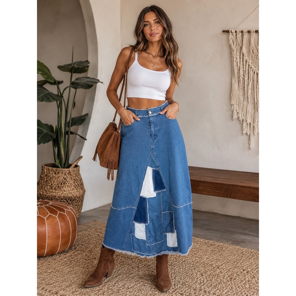 Patchwork Denim Maxi Skirt SZ 12 Blue Frayed Hem Cottagecore Ashley Stewart